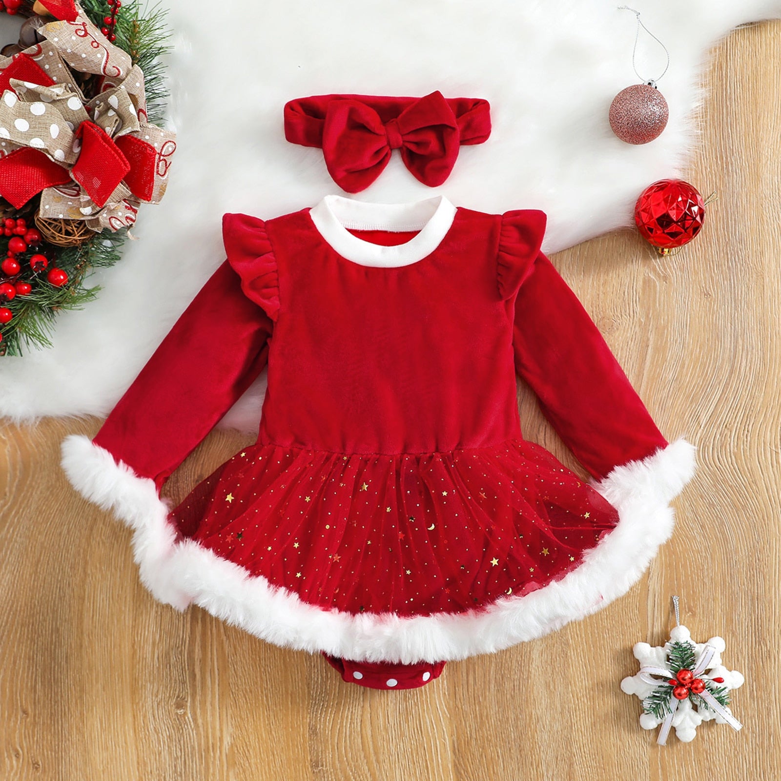 Little girl Christmas dress - Baby girl Christmas set with headband